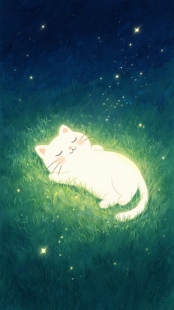 星夜草地里的发光猫咪甜梦