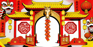 新春喜庆传统建筑插画素材