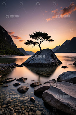 孤树岩石山水日落景观