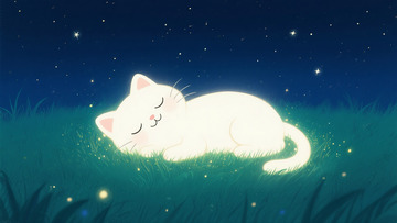 星夜草地中侧躺酣眠的发光白猫