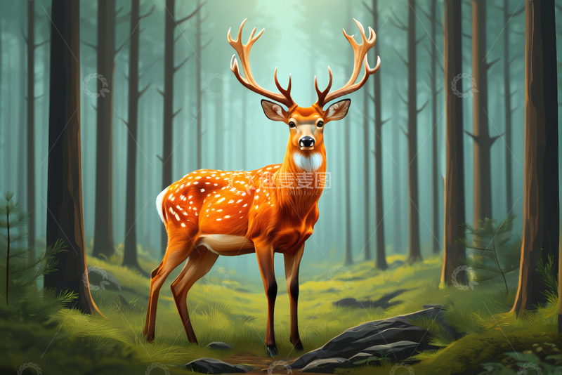 高清大图下载【趣麦麦图】森林中站立的梅花鹿