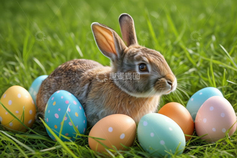 高清大图下载【趣麦麦图】草地上的复活节兔子与彩蛋