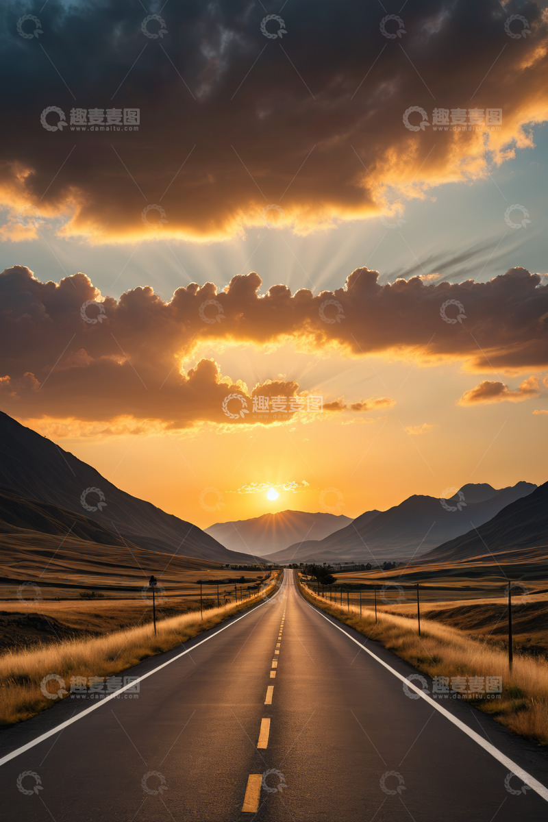高清大图下载【趣麦麦图】夕阳下的公路与山川景观