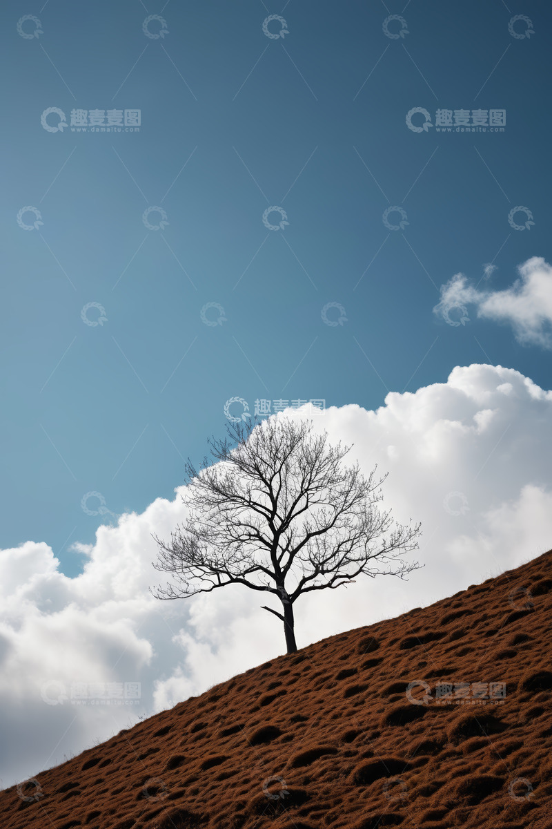 高清大图下载【趣麦麦图】山坡上的孤树与蓝天白云