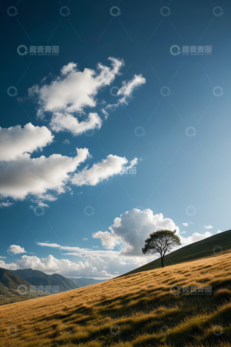 高清大图下载【趣麦麦图】草原山丘上的孤树与蓝天白云