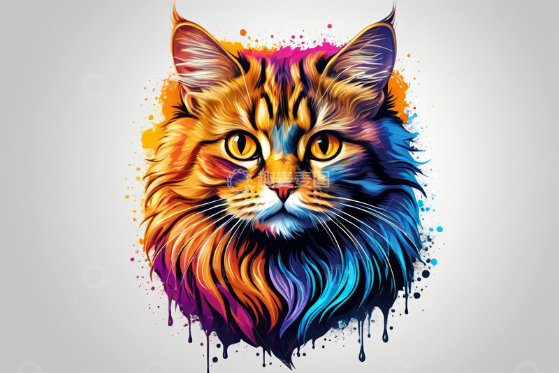 高清大图下载【趣麦麦图】彩色泼墨风格猫咪头部特写