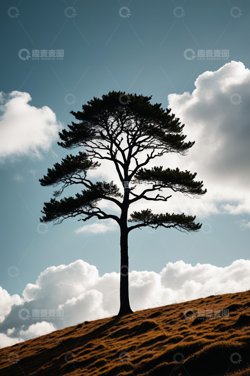 高清大图下载【趣麦麦图】山丘上的单棵树木与蓝天白云
