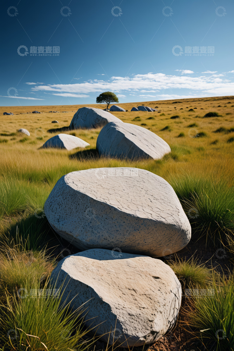 高清大图下载【趣麦麦图】草原上的巨石与孤树景观