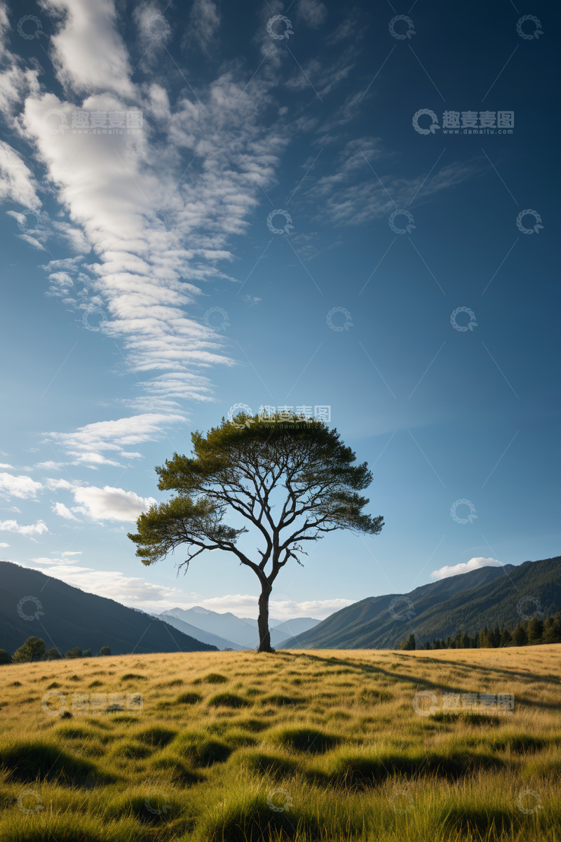 高清大图下载【趣麦麦图】草原上的孤树与蓝天白云