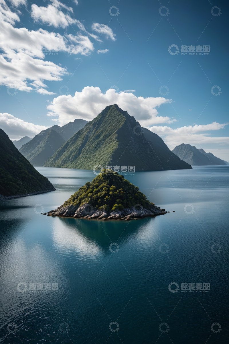 高清大图下载【趣麦麦图】峡湾中的孤岛与山脉景观