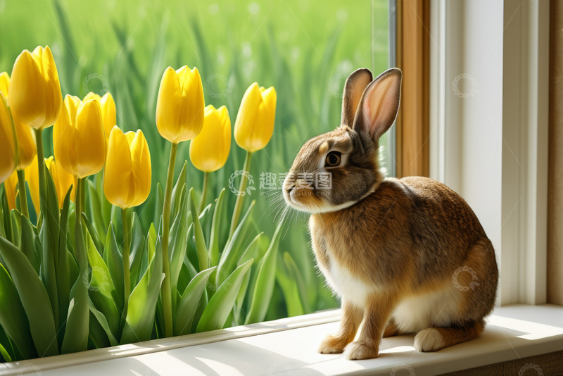 高清大图下载【趣麦麦图】窗边的兔子与黄色郁金香