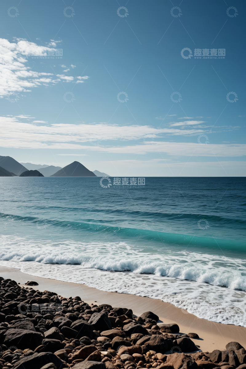 高清大图下载【趣麦麦图】海滩海浪与远处山峦景观