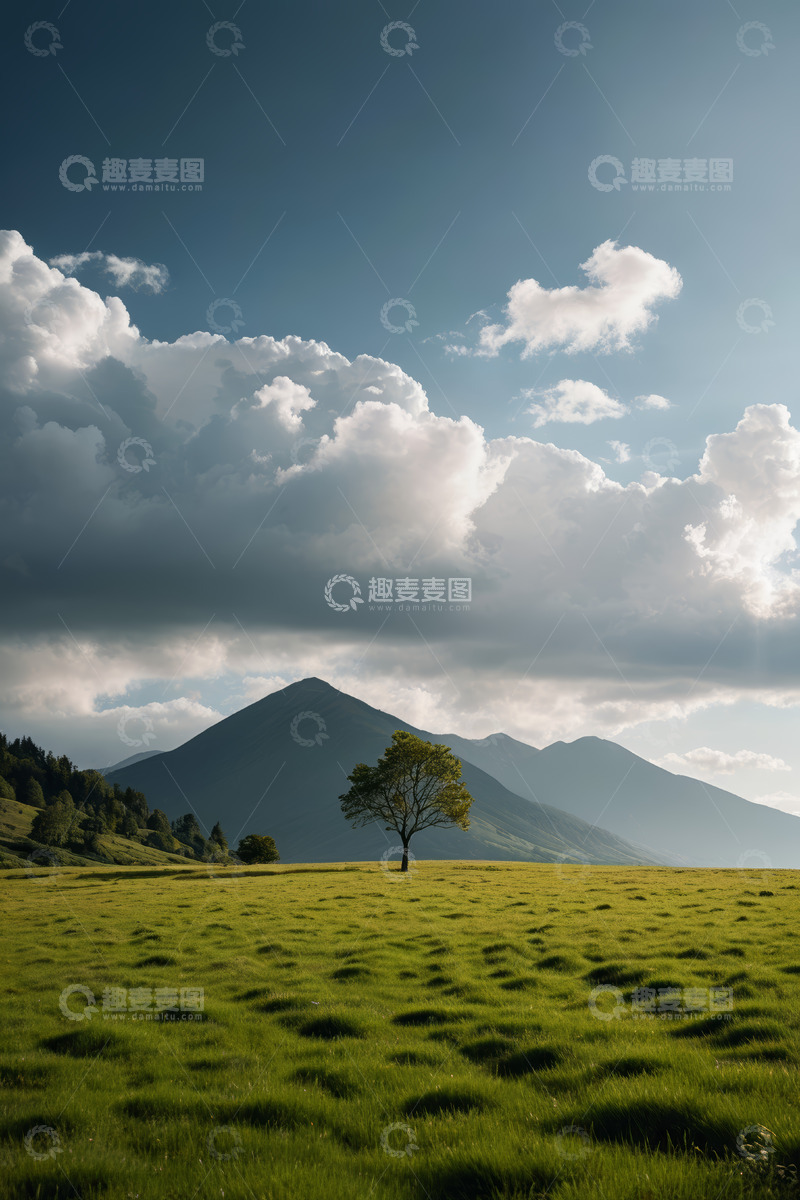 高清大图下载【趣麦麦图】草原上的孤树与远山风景