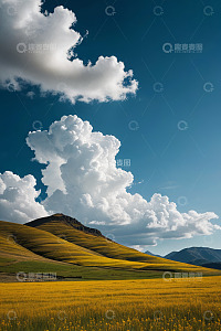 蓝天白云下的黄色田野与山丘