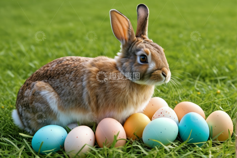 高清大图下载【趣麦麦图】草地上的兔子与复活节彩蛋