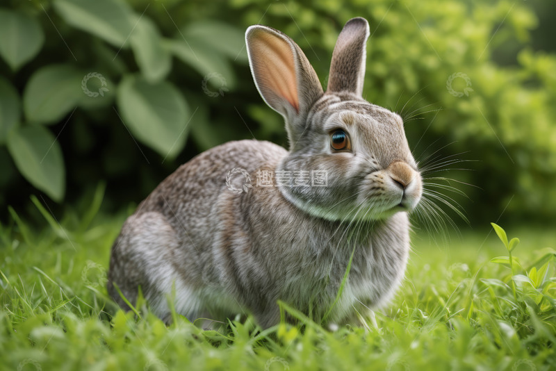 高清大图下载【趣麦麦图】草地上的灰色兔子特写