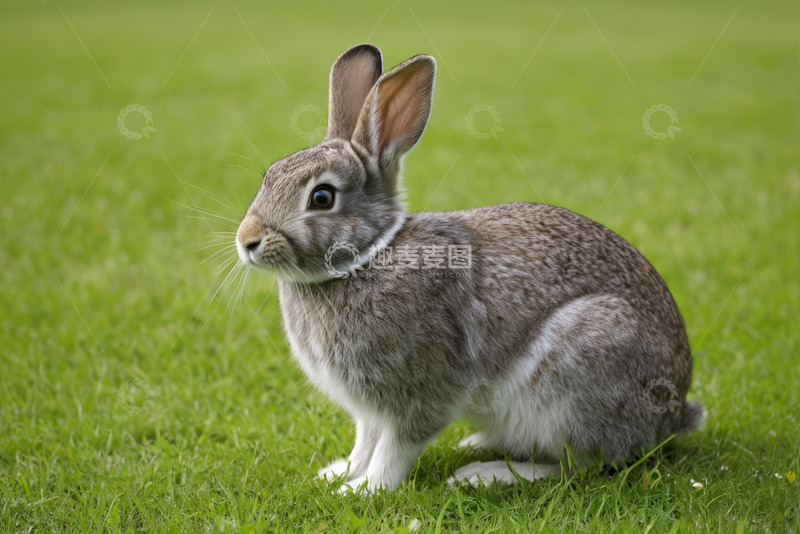 高清大图下载【趣麦麦图】草地上的灰色兔子