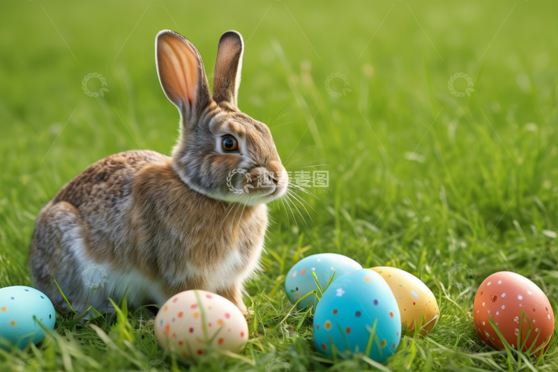 高清大图下载【趣麦麦图】草地上的兔子与彩蛋