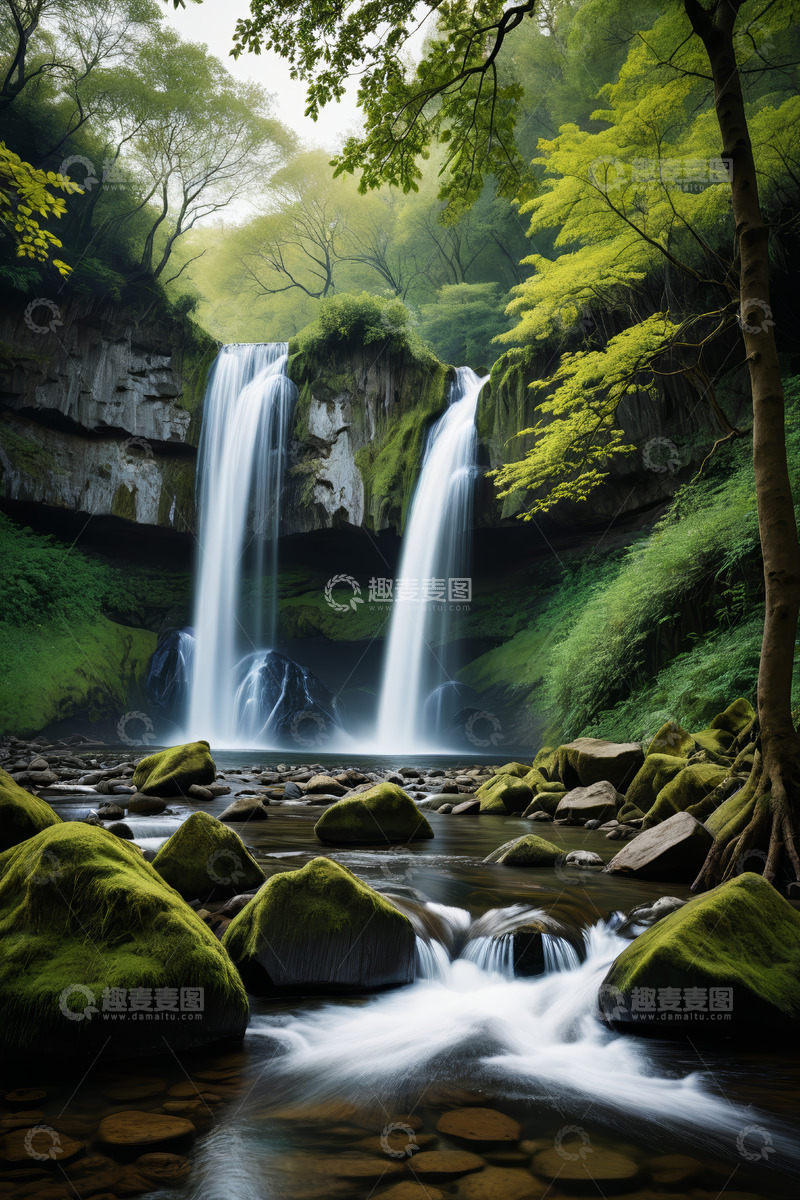 高清大图下载【趣麦麦图】森林中的瀑布自然景观