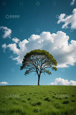 绿草地单棵树蓝天白云场景