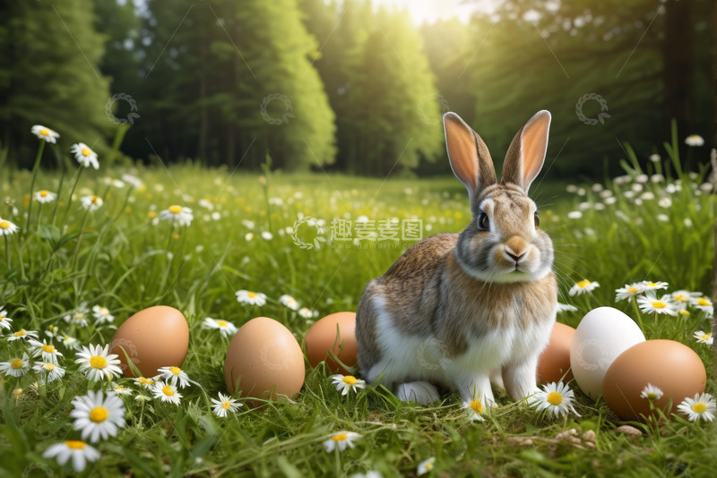 高清大图下载【趣麦麦图】草地上的兔子与复活节彩蛋
