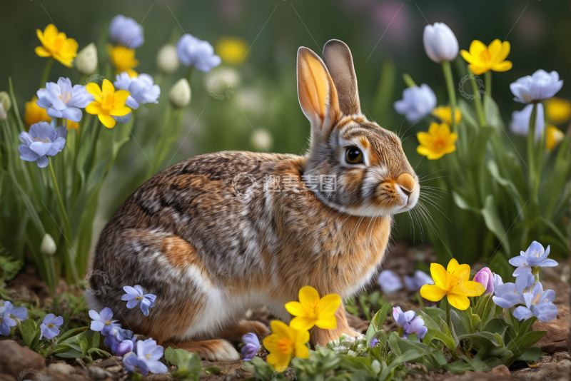 高清大图下载【趣麦麦图】花丛中蹲坐的兔子