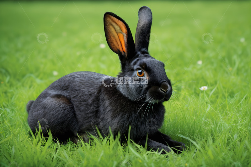 高清大图下载【趣麦麦图】黑兔子在绿草地上休憩
