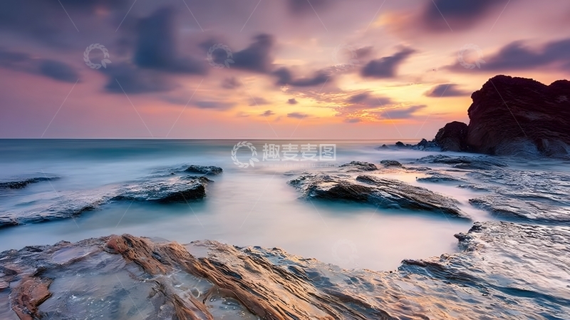 高清大图下载【趣麦麦图】海岸岩石日落风光摄影