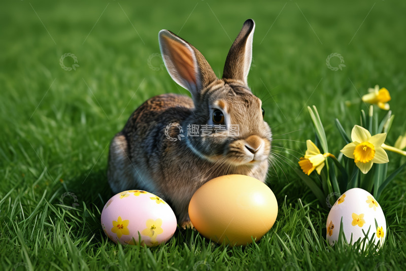 高清大图下载【趣麦麦图】草地上的复活节兔子与彩蛋
