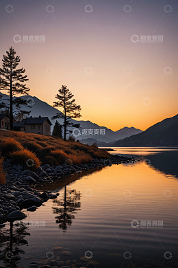 湖畔黄昏自然风光景色