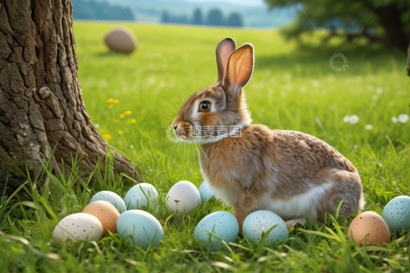 高清大图下载【趣麦麦图】草地上的兔子与彩蛋