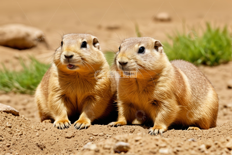 高清大图下载【趣麦麦图】两只土拨鼠站立在土地上
