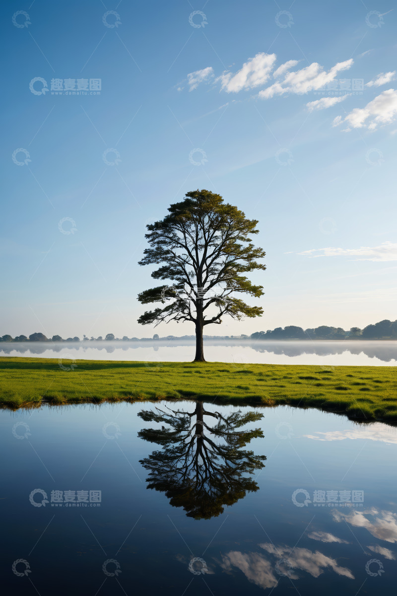 高清大图下载【趣麦麦图】湖畔孤树与自然倒影景观