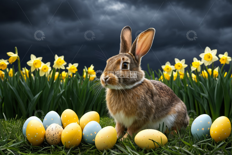 高清大图下载【趣麦麦图】复活节兔子与彩蛋在花丛场景
