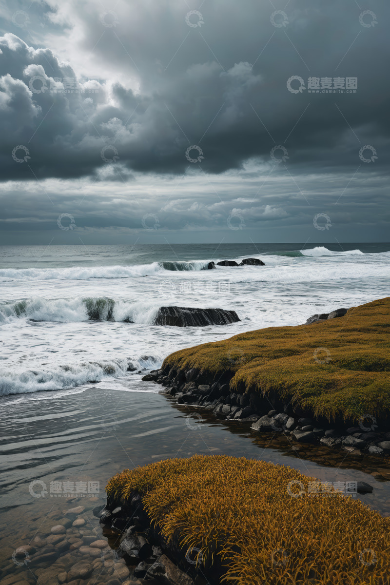高清大图下载【趣麦麦图】海岸边海浪拍打礁石景观