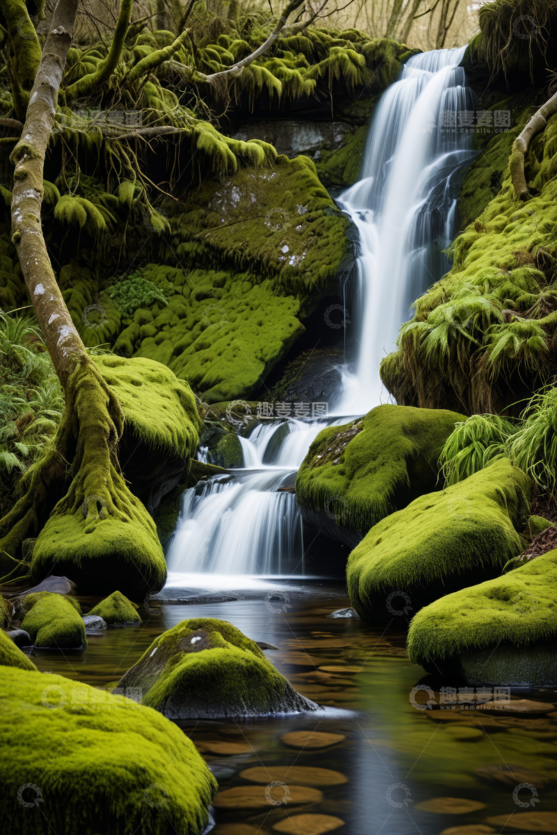 高清大图下载【趣麦麦图】森林中的瀑布自然景观
