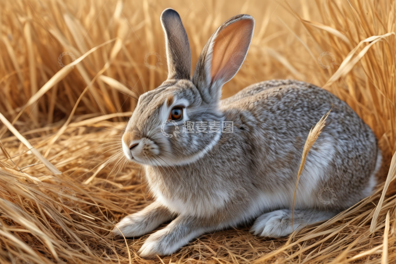 高清大图下载【趣麦麦图】田野中休憩的灰毛兔子