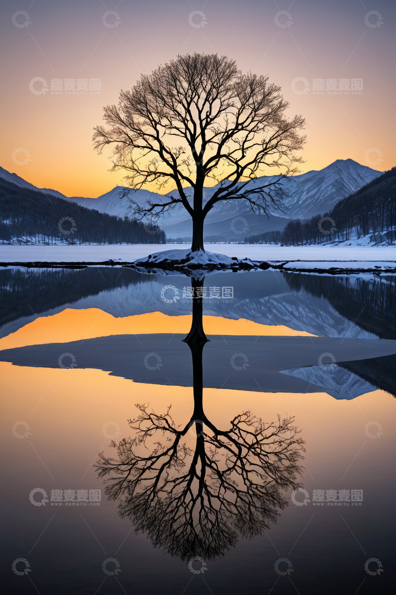 高清大图下载【趣麦麦图】冬日湖面孤树倒影景观