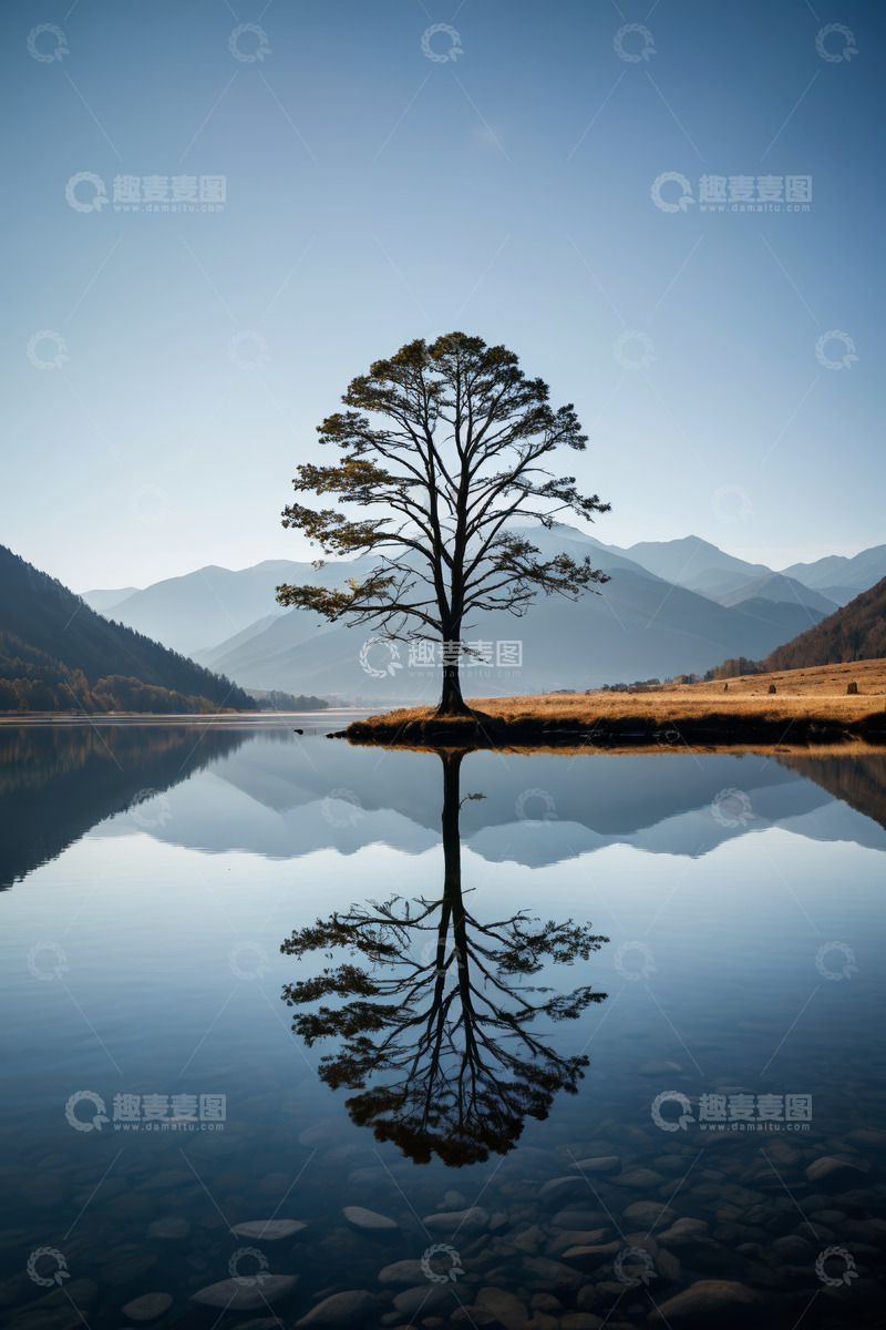 高清大图下载【趣麦麦图】湖畔孤树与远山倒影风景