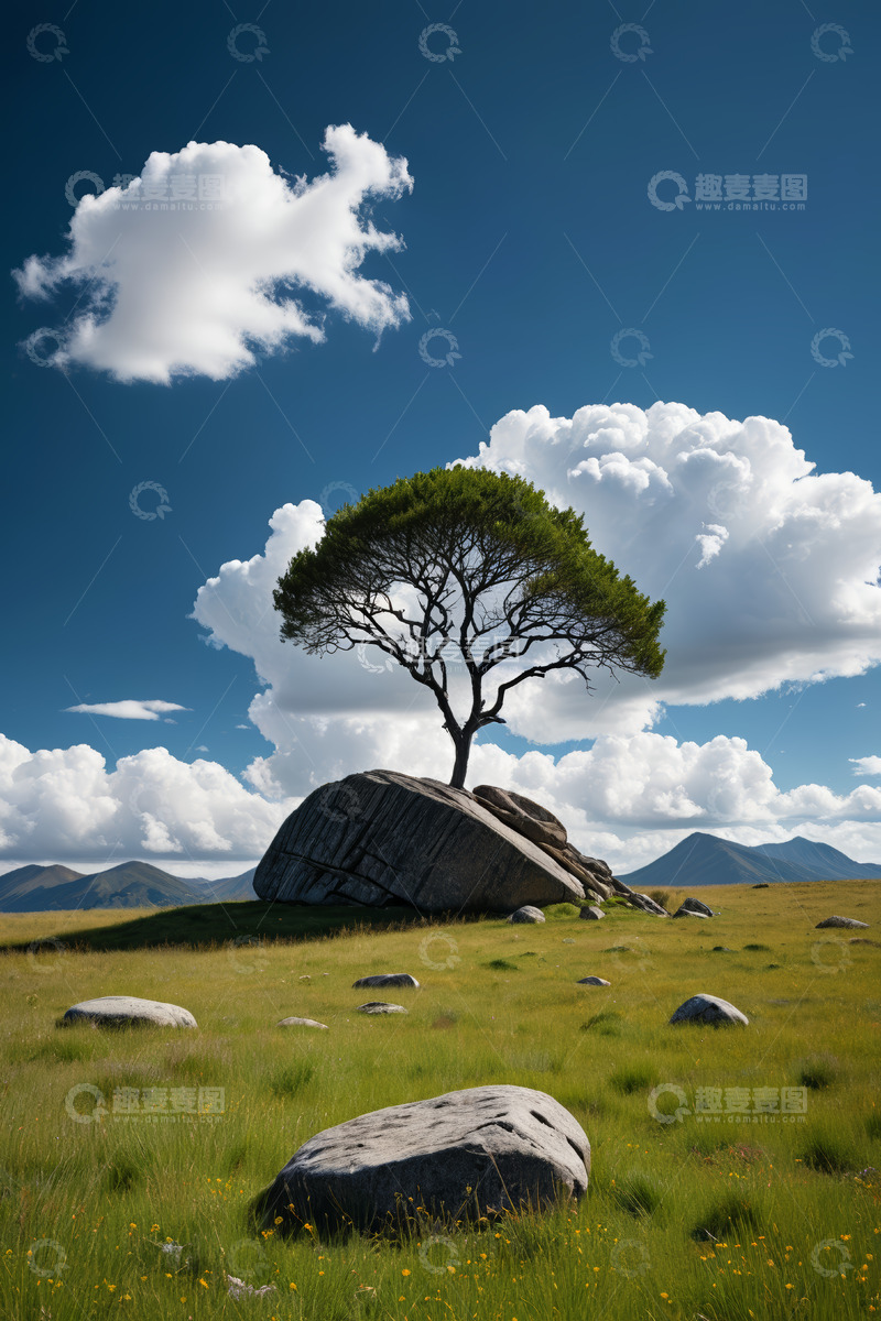 高清大图下载【趣麦麦图】草原岩石上的孤树景观