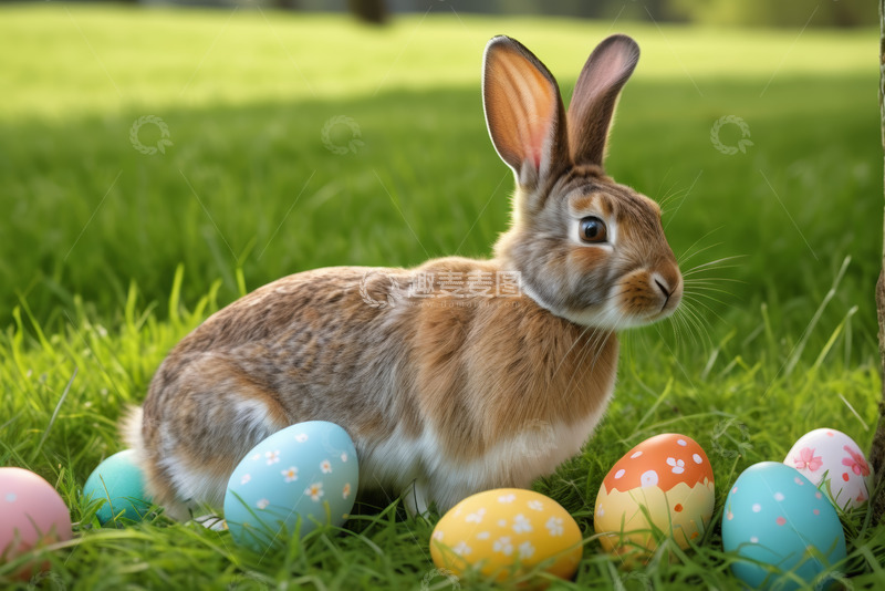 高清大图下载【趣麦麦图】草地上的兔子与彩蛋画面