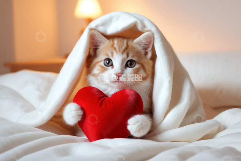 高清大图下载【趣麦麦图】小猫抱红心玩具躲在被窝里