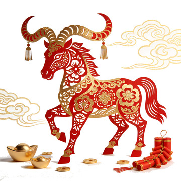 传统中国风格牛年剪纸插画