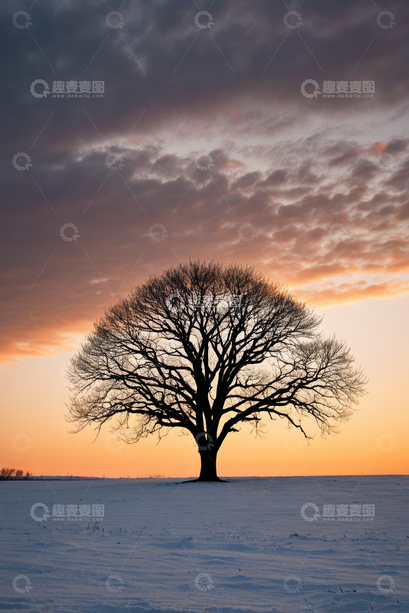 高清大图下载【趣麦麦图】雪地孤树与晚霞天空景象
