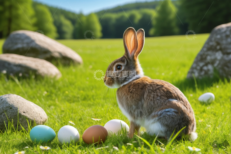 高清大图下载【趣麦麦图】草地上的兔子与彩蛋