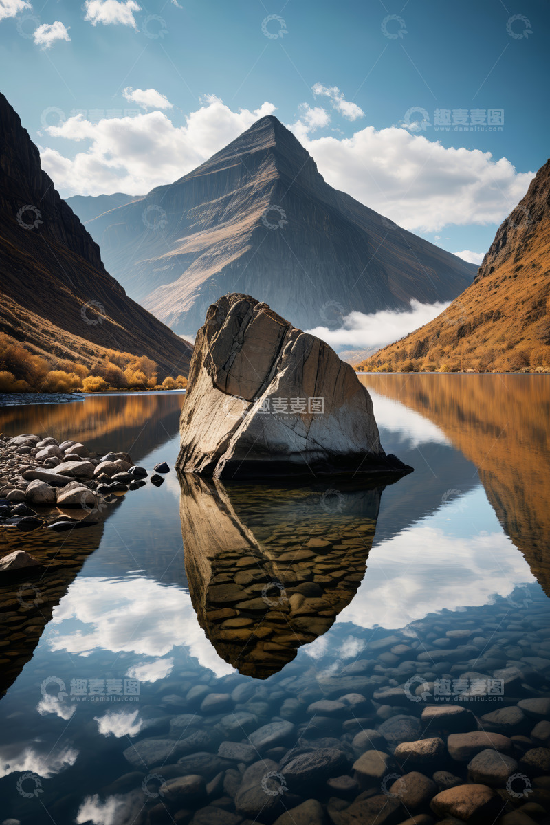高清大图下载【趣麦麦图】山间湖泊中的巨石与远处山峰