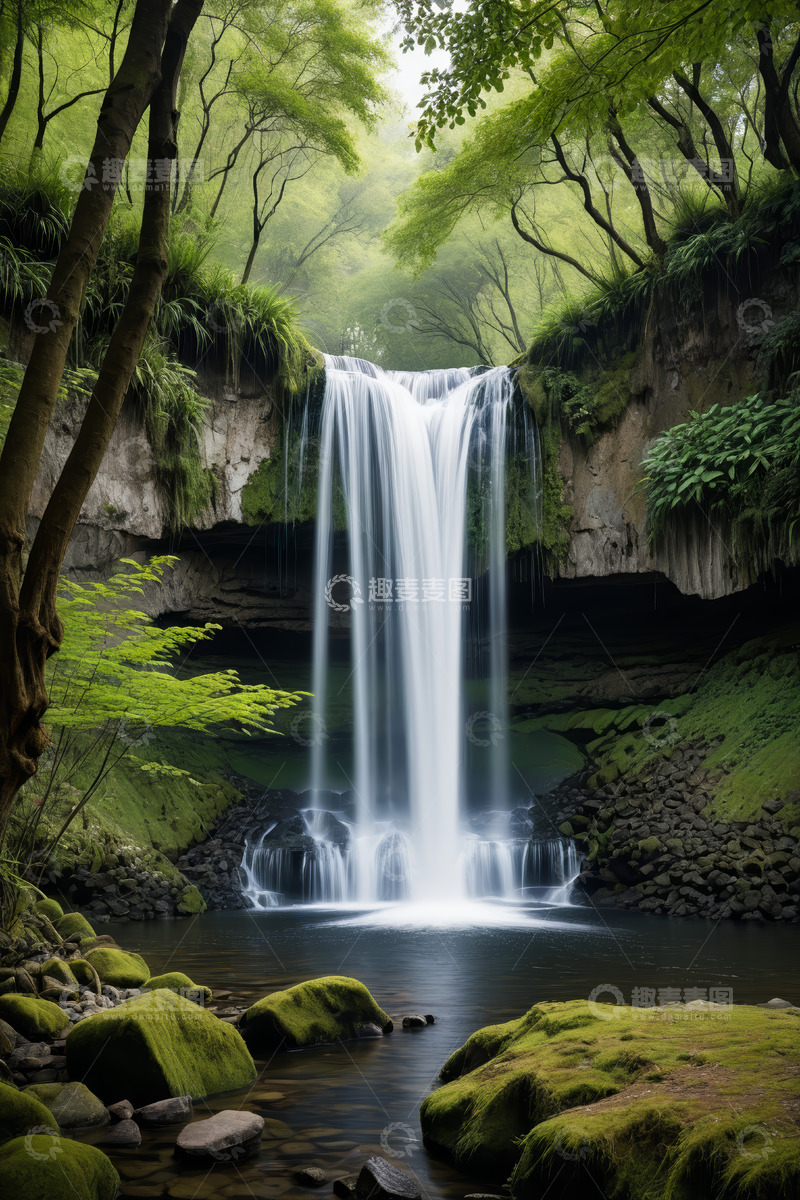 高清大图下载【趣麦麦图】森林中的瀑布自然景观