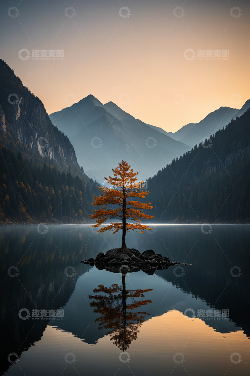 高清大图下载【趣麦麦图】湖心孤树与远山自然风光