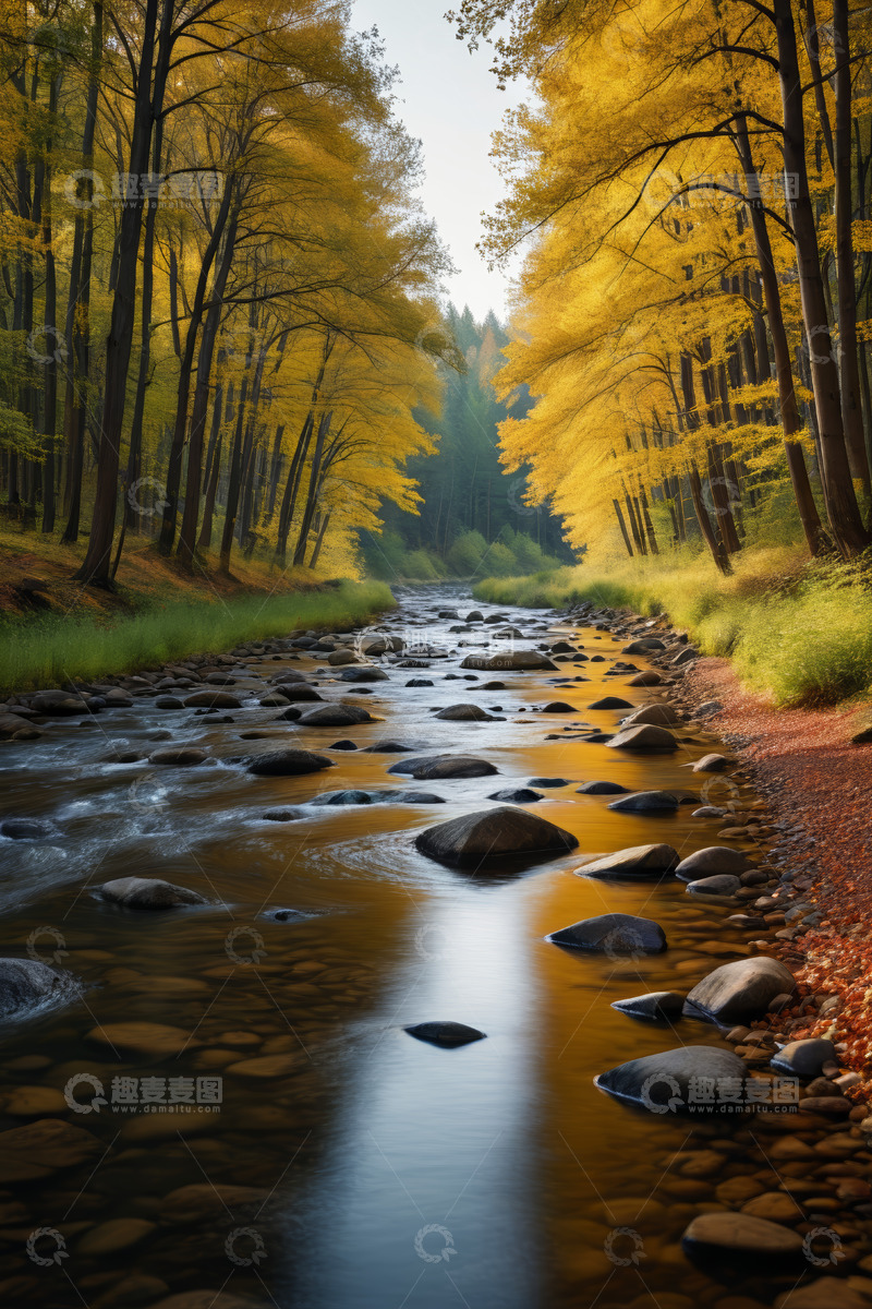 高清大图下载【趣麦麦图】秋日森林中的河流风景