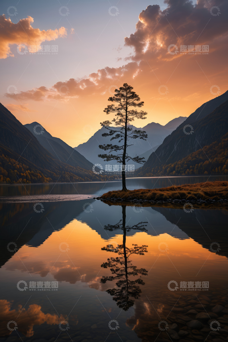 高清大图下载【趣麦麦图】湖畔孤树与山水晚霞景观